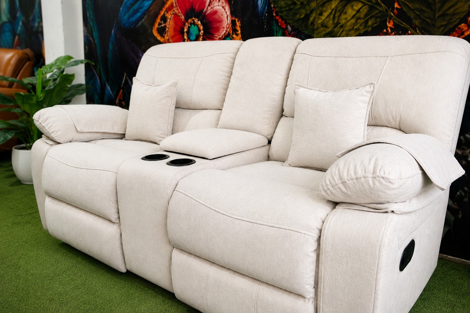 Sofá reclinable doble en tapiz color marfil