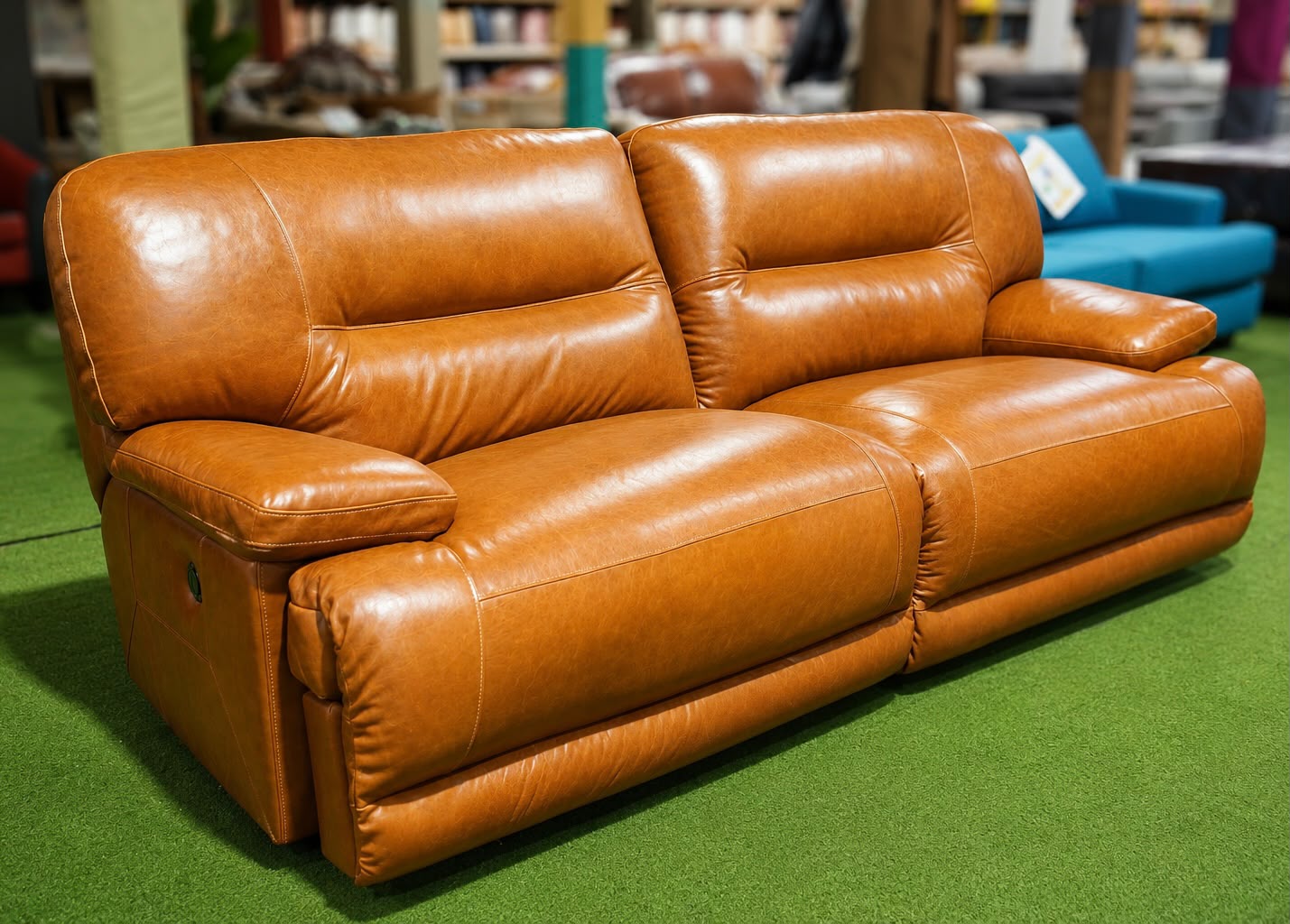 Sofá reclinable retapizado en cuero color coñac